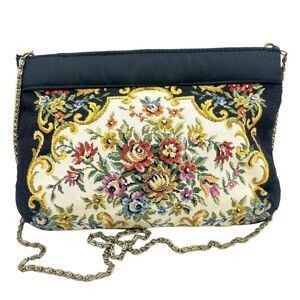 Vintage Walborg Floral Tapestry Crossbody Purse Black Shoulder Bag 1960s 1970s